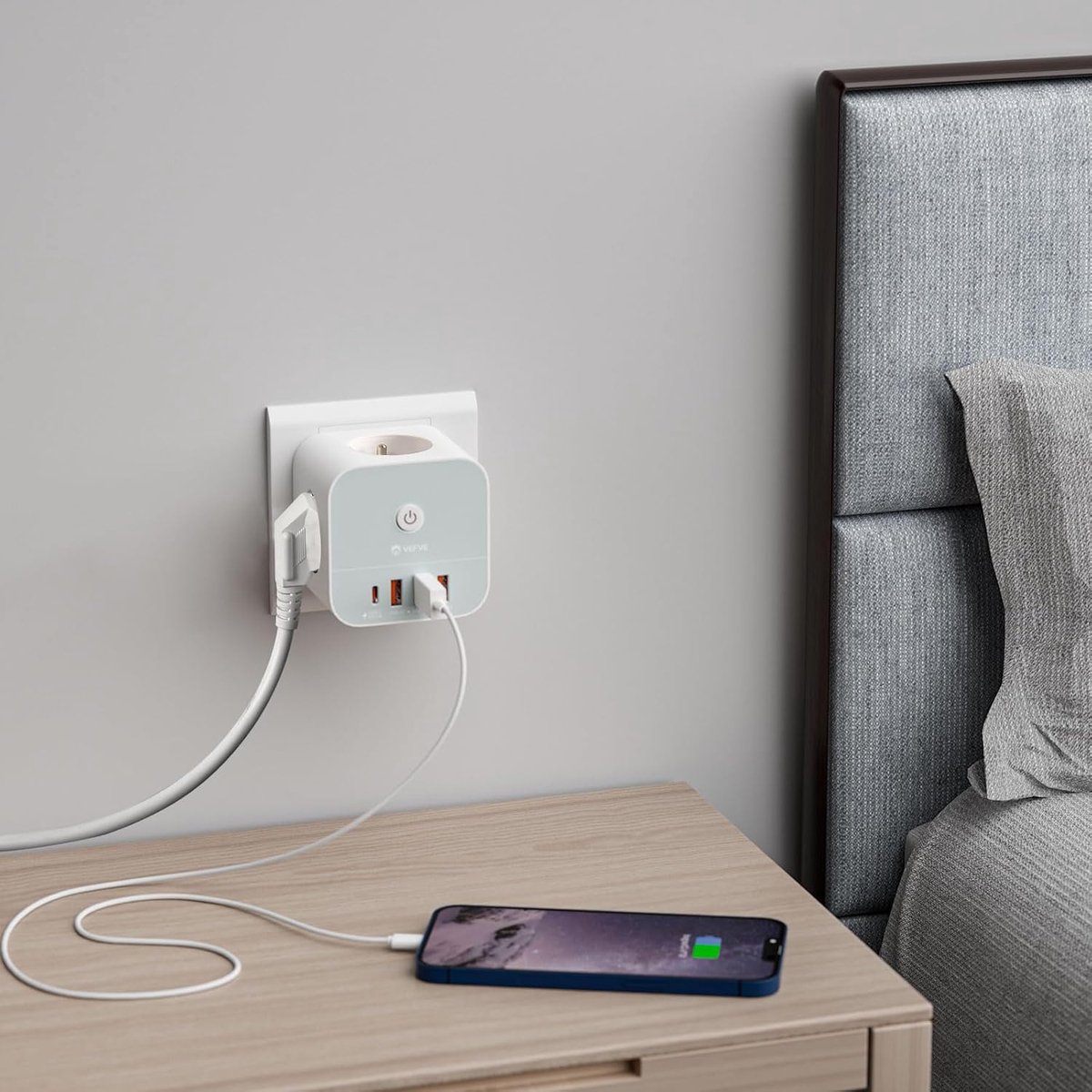 Thijox - Stekkerdoos Kubus 7-in-1 met 3 Stopcontacten en 4 USB Poorten, 20W USB-C Snellader, Type E voor Belgische/Franse Standaard, Wit - Ideaal voor
