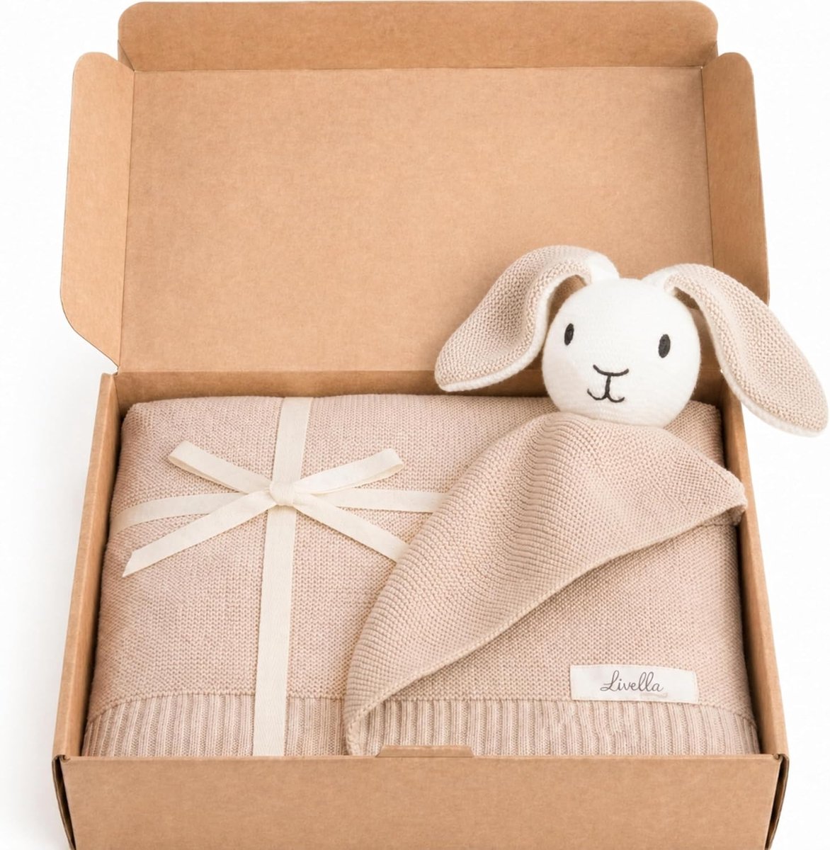Thijox - 2-in-1 Babydeken 100x75cm met Knuffel Konijn Crème - Zachte Biologische Katoenen Plaid voor Pasgeborenen - Ademend Gebreid Knuffeldoekje voor