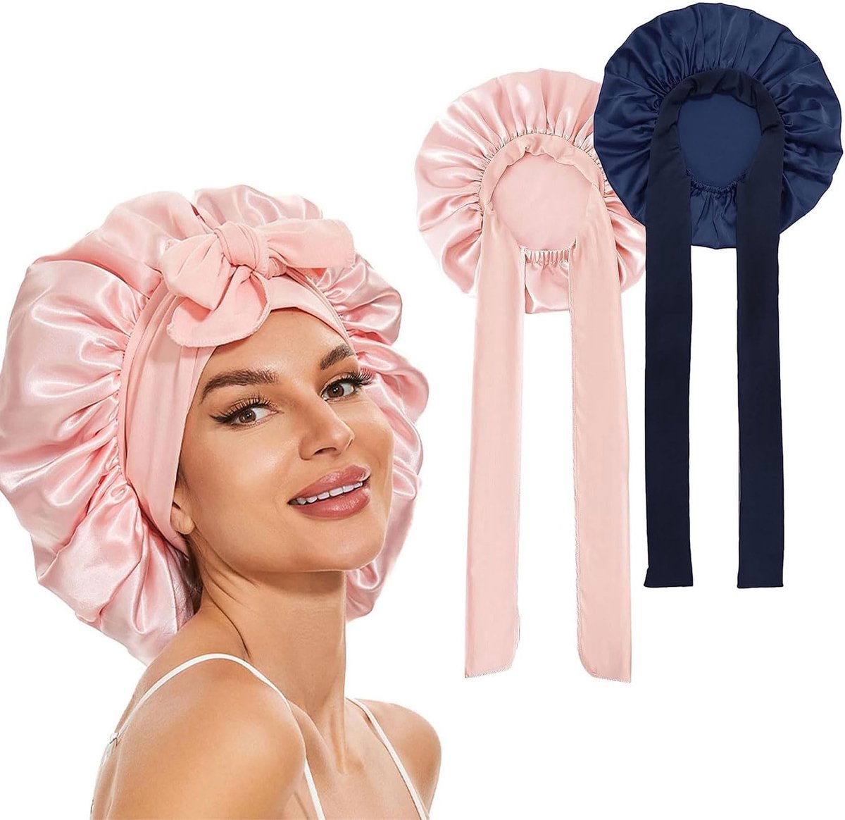 SnelShoppen - Silky Bonnet voor Slapen, Adjustable Satin Haar Hoed, Dames Bonnet met Elastische Band, Sakura Roze + Donkerblauw voor Lang Haar en Krul