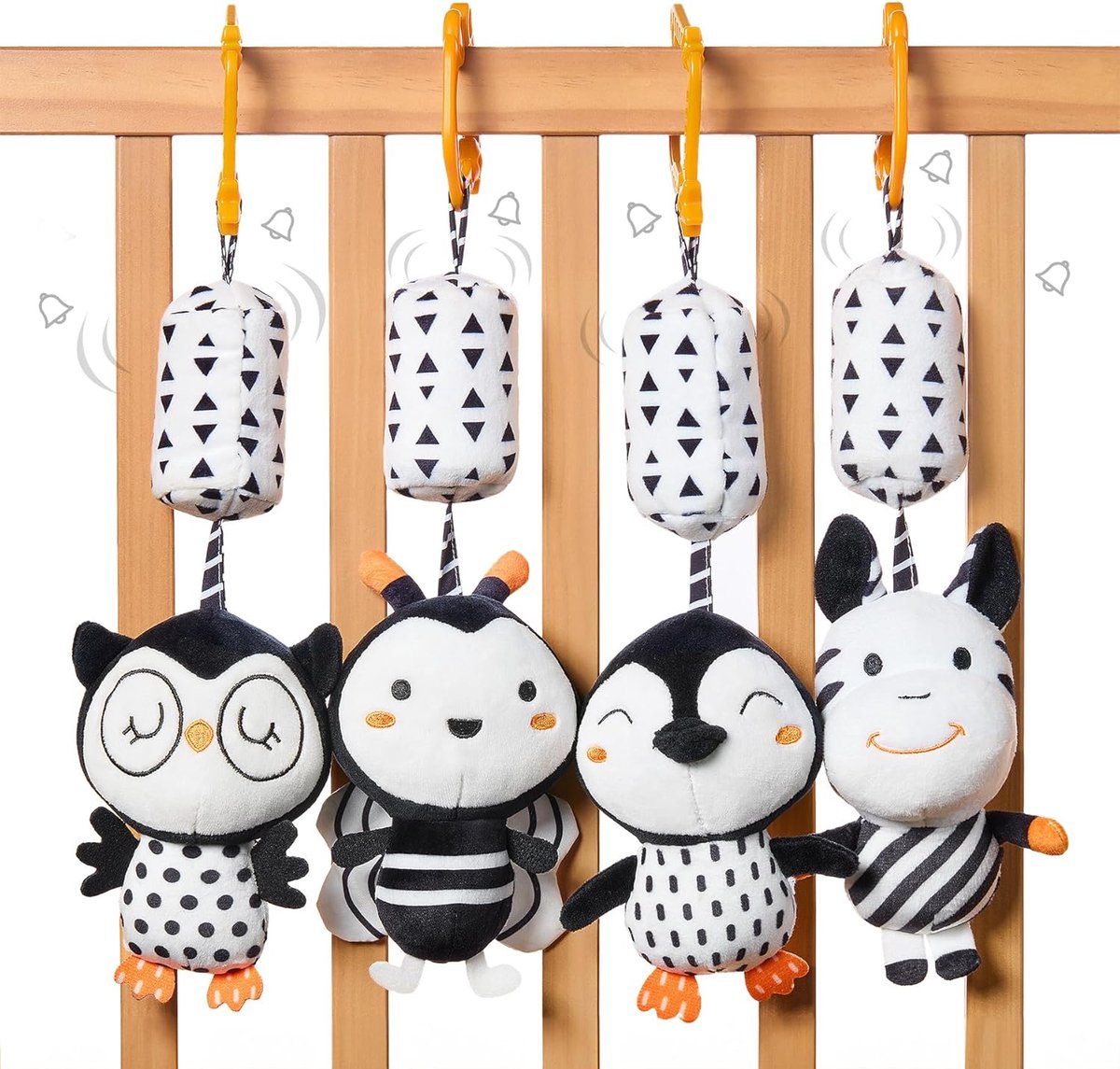 SnelShoppen - Schattige Black And White Baby Hangende Rammelaars, 4-delig Dierenspeelgoed Set voor Baby's, Zacht Pluche, Ideaal voor Kinderwagens, Bed