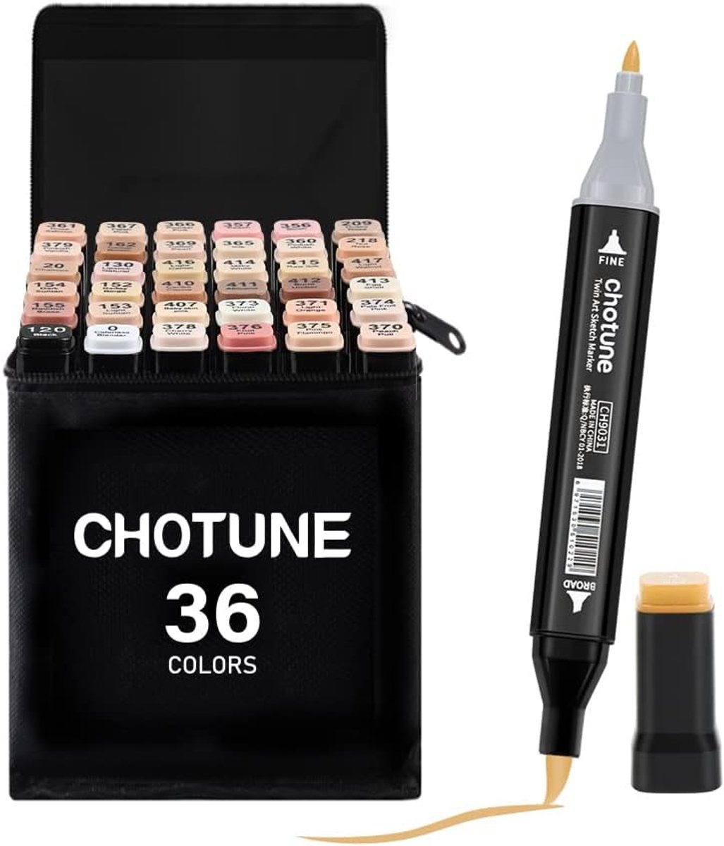 Thijox - Alcohol Markers Set 36 Huidtinten Dubbel Getipte Zachte Borstel & Fijne Schetsmarker, Gemakkelijk Mengen voor Schetsen en Illustratie met Zwa