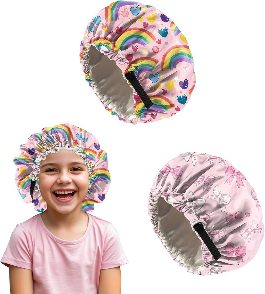 Thijox - 2 Stuks Douche Cap Kids Satijn Verstelbare Dubbellaags Haarbescherming voor Kinderen - Leuke Kleurrijke Nachtslaap Caps voor Slapen en Douche