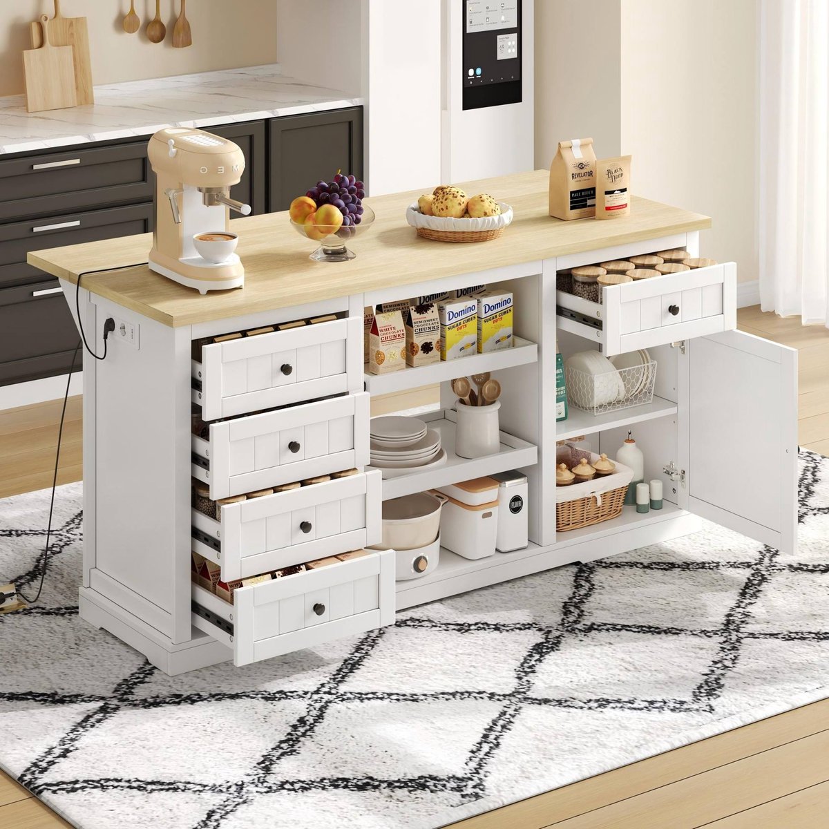 COVREO Keukenkast 150 x 65 x 75,5 cm - met 5 lades, 2 uittrekbladen, stopcontacten, wit