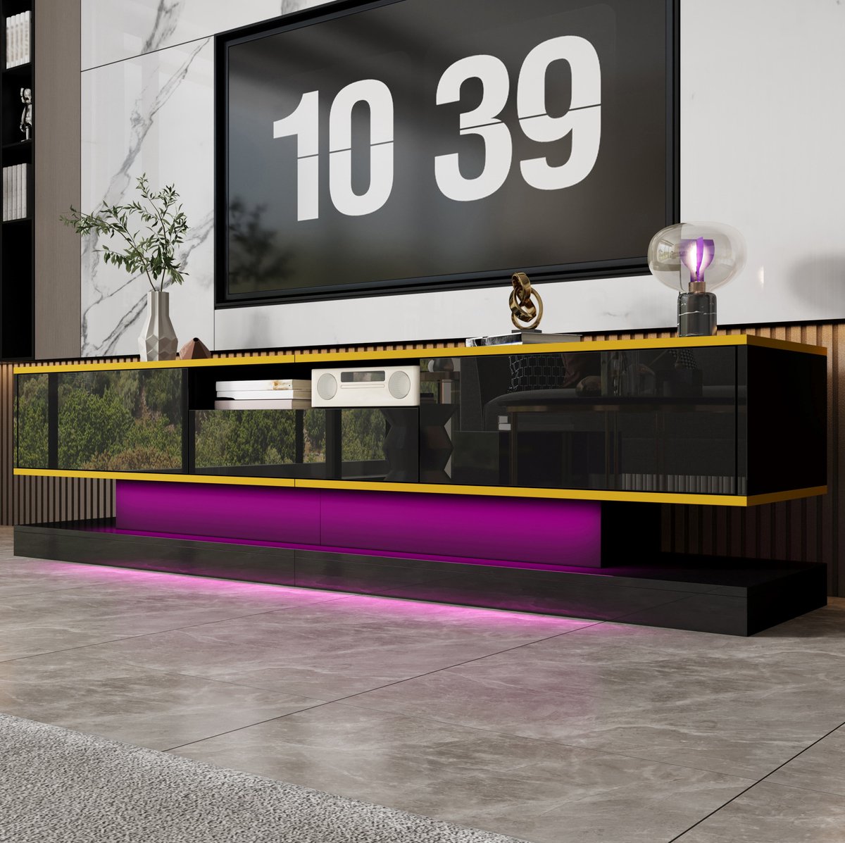 COVREO Tv-meubel 180 x 38 x 45 cm - hoogglans zwart met 3 lades, open vak en LED