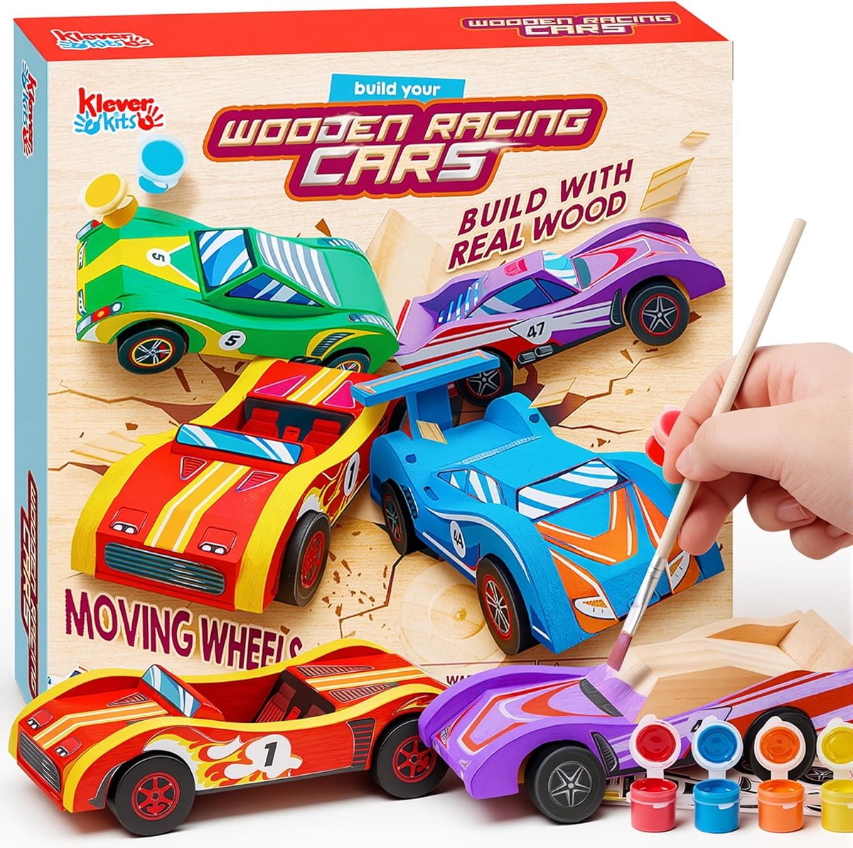 Thijox - 4-delige raceauto-schilderset voor kinderen 6-12 jaar, knutselen en schilderen met houten auto's, creatieve auto-activiteiten, perfect verjaa