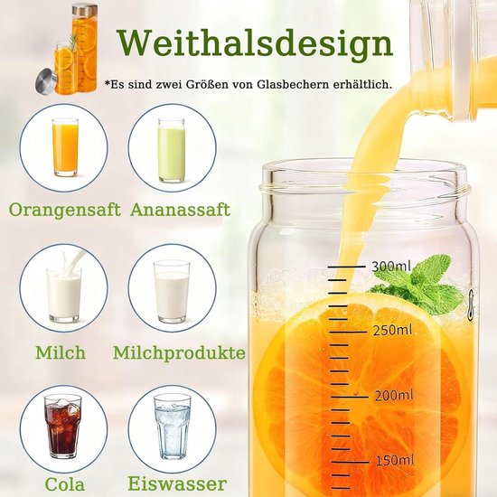 SnelShoppen - Glazen flessen met roestvrijstalen deksel, herbruikbare smoothiebeker met maatschaal, glazen sapflessen voor sappen, smoothies en melk ( van Snelshoppen — afbeelding 3