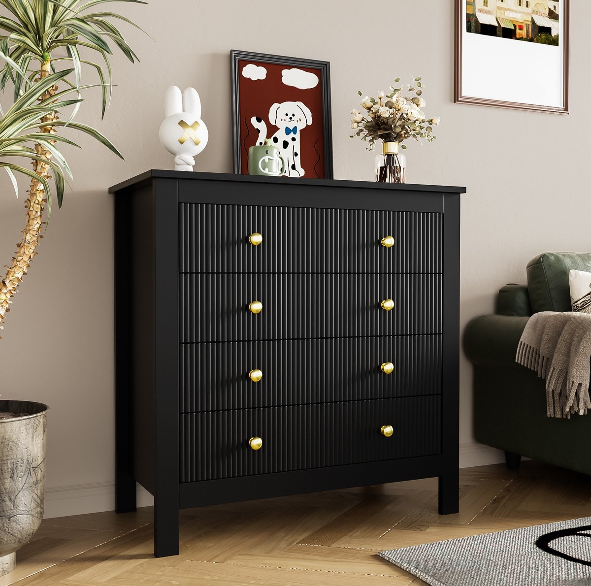 COVREO ladekast 79 x 39,5 x 80,5 cm - 5 lades, zwart, met gestructureerd front en gouden grepen