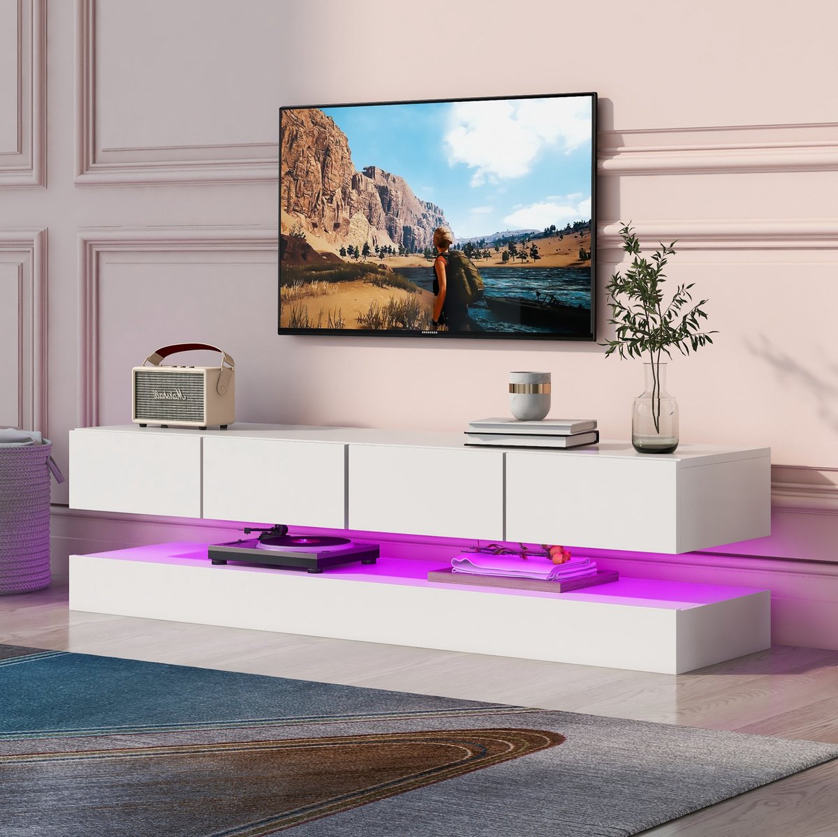 COVREO TV meubel 130 x 33 x 15 cm - wandmontage, 4 lades, LED-verlichting, wit