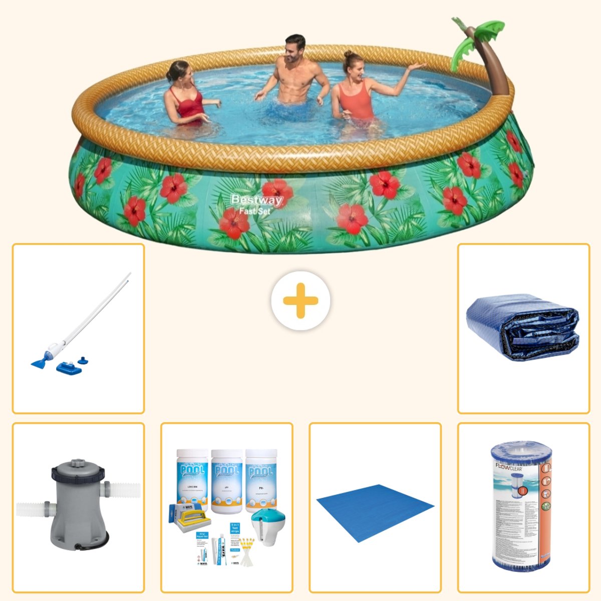 Bestway Rond Opblaasbaar Fast Set Zwembad - Paradijsprint - 457 x 84 cm - Inclusief Pomp - Onderhoudspakket - Grondzeil - Filter - Stofzuiger - Solarzeil - 7-delig