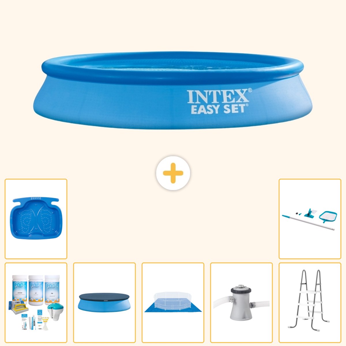 Intex Rond Opblaasbaar Easy Set Zwembad - 305 x 61 cm - Blauw - Inclusief Onderhoudspakket - Afdekzeil - Grondzeil - Zwembadfilterpomp - Voetenbad - Ladder - Schoonmaakset - 8-delig