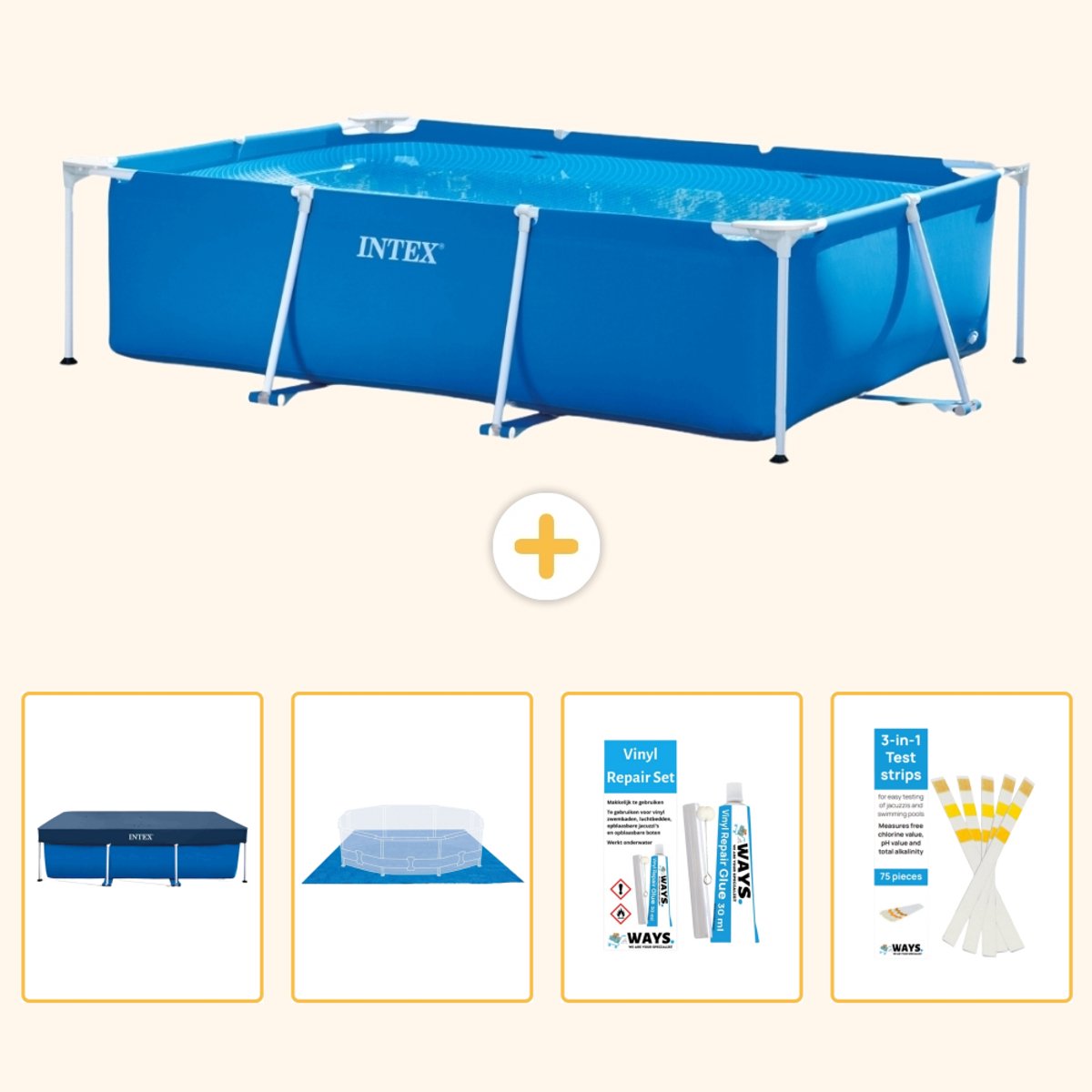 Intex Rechthoekig Frame Zwembad - 300 x 200 x 75 cm - Blauw - Inclusief Afdekzeil - Grondzeil - Reparatiesetje - Testrips - 5-delig