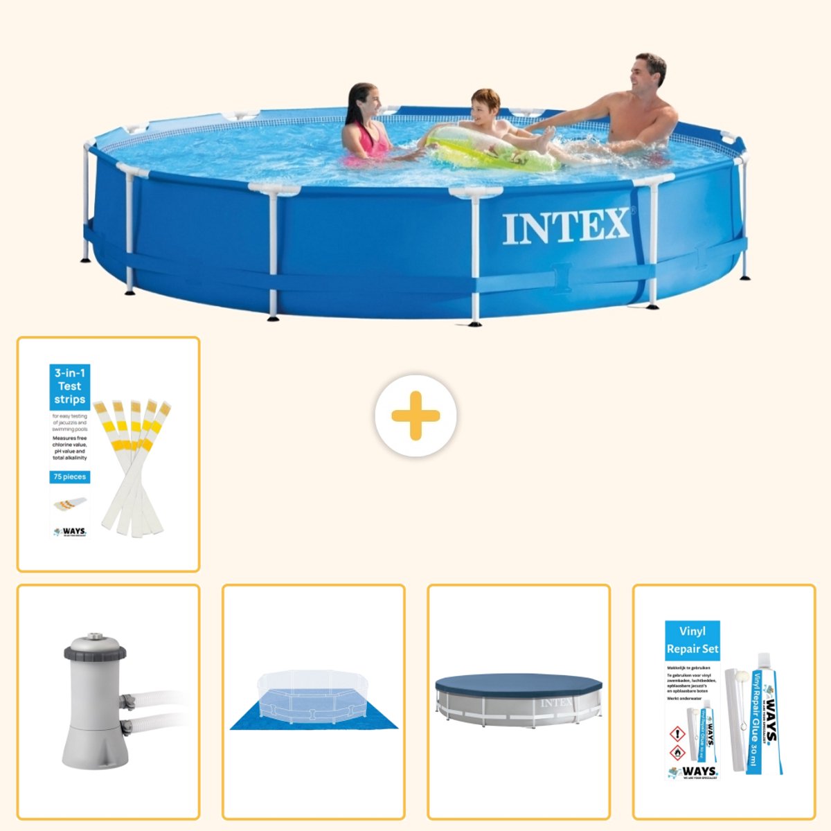 Intex Rond Frame Zwembad - 366 x 76 cm - Blauw - Inclusief Pomp - Grondzeil - Afdekzeil - Reparatiesetje - Testrips - 6-delig