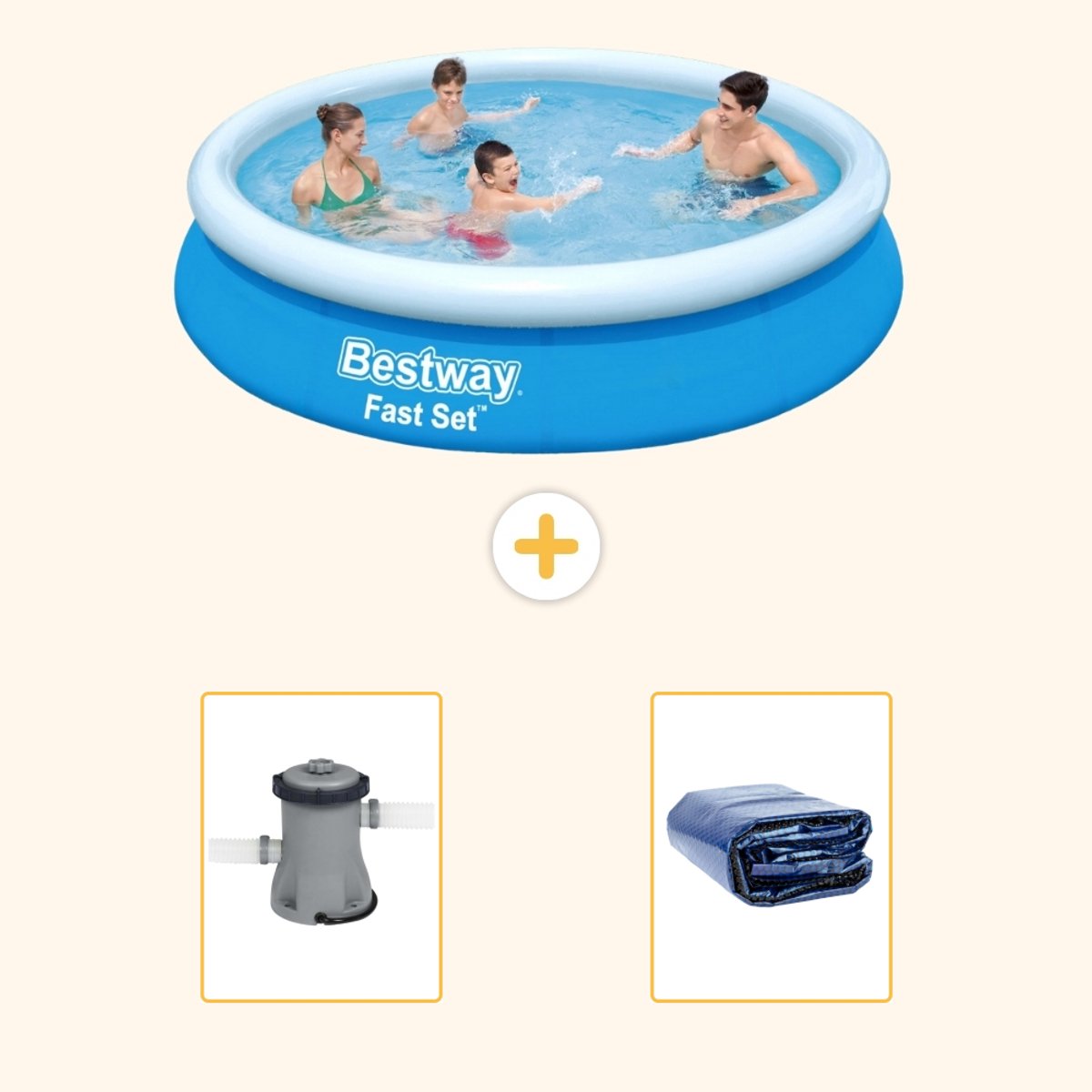Bestway Rond Opblaasbaar Fast Set Zwembad - 366 x 76 cm - Blauw - Inclusief Pomp - Solarzeil - 3-delig