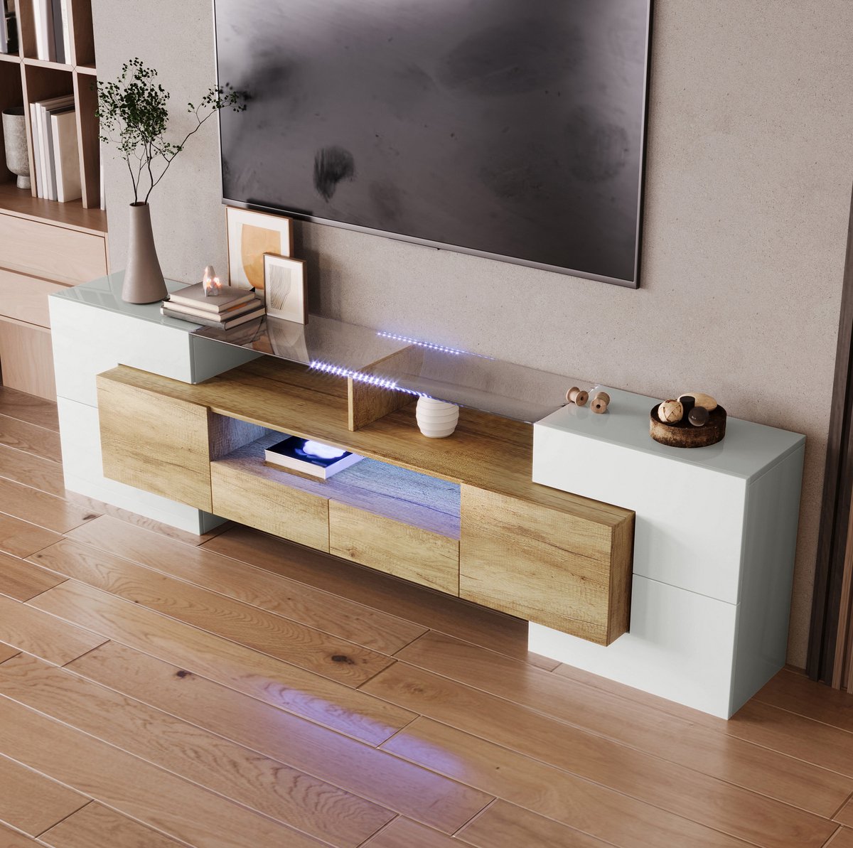 COVREO TV meubel 200 x 35 x 60 cm - hoogglans wit, houtkleur, LED-verlichting
