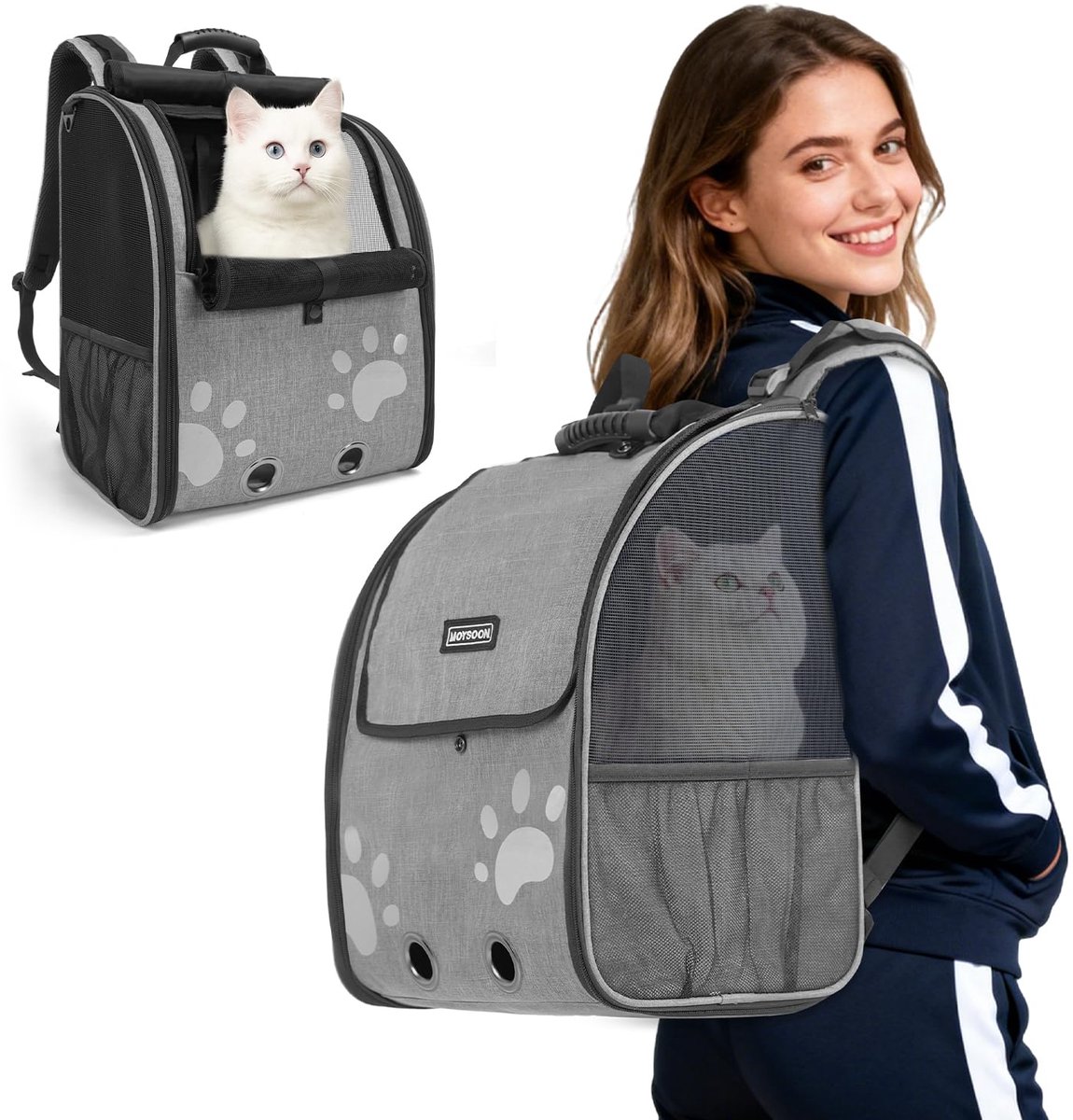 Gadgetzan® Opvouwbare Kattenrugzak en Huisdieren Draagtas – Ademend – Met Borst- en Schouderbanden – Voor Katten en Kleine Honden - Grijs met pootafdrukken