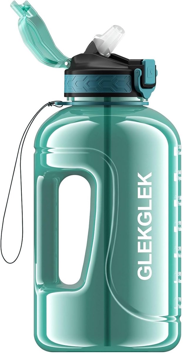 Thijox - 2 Liter BPA Vrije Waterfles met Tijdsaanduiding, Grote Sportdrankfles voor Gym, Kantoor, Buiten & Dagelijks Gebruik in Cyaan
