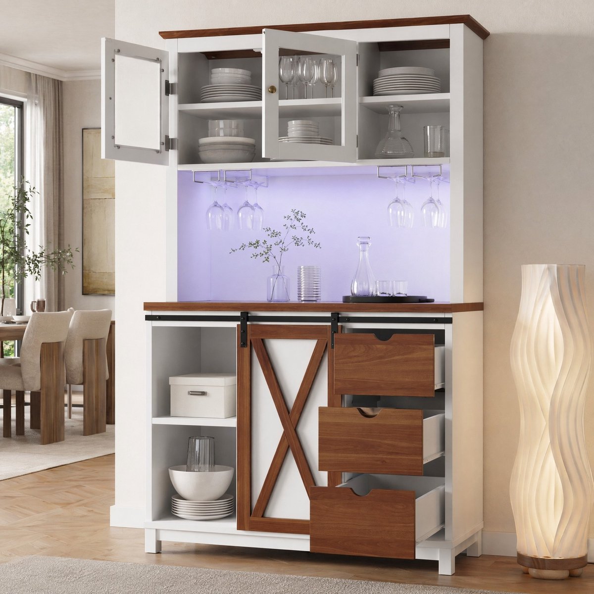 COVREO Keukenkast 104 x 40 x 180 cm - met LED-verlichting, schuifdeur, 3 lades en glas, wit