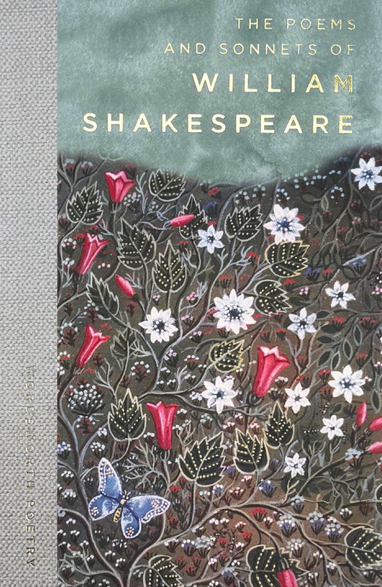 Het gedicht en sonnetten van William Shakespeare met een omslag van groen en bloemenprint in rood, wit en blauw.