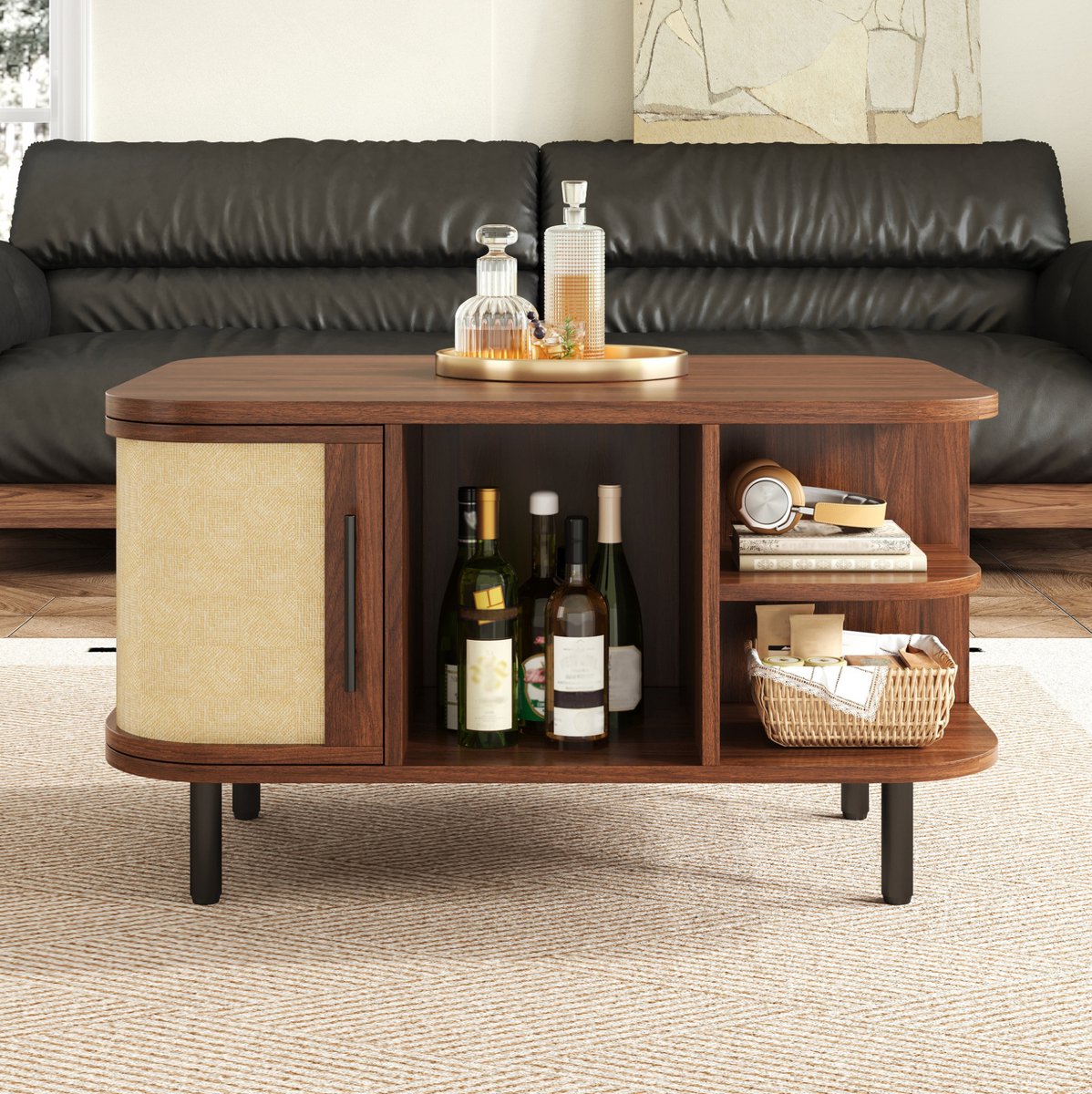 OKWISH Salontafel - Gebogen Vorm Met Opbergruimte - Woonkamer En Werkruimte - Gevlochten Front En Zijkasten - MDF Walnoot - 80x60x47 cm