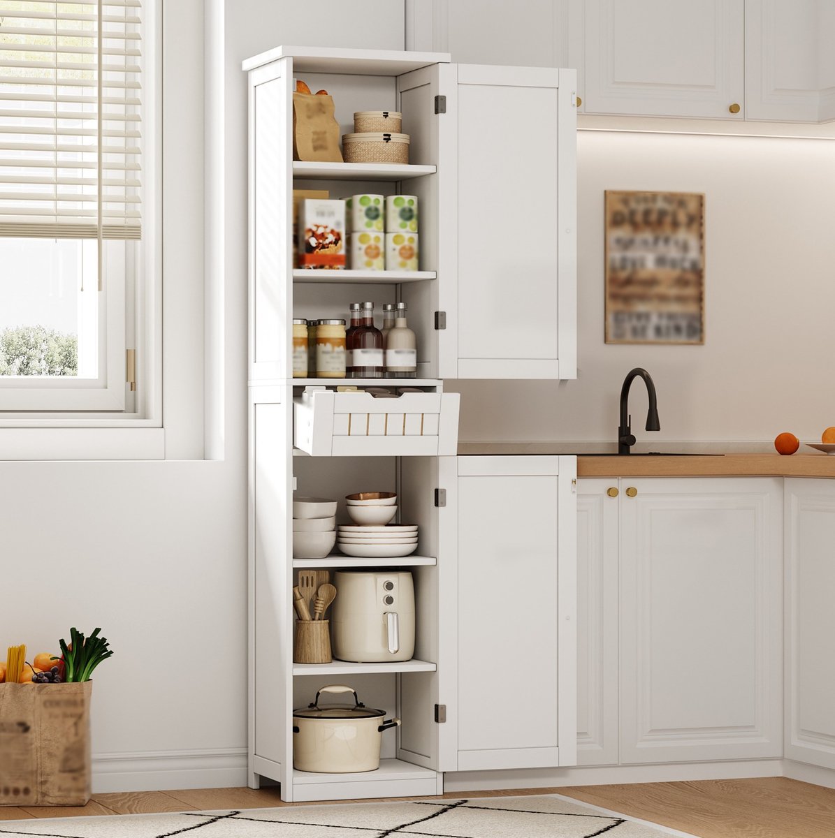OKWISH Keukenkast - Hoge Opbergkast Met 2 Deuren En 1 Lade - 170x40x30 cm - Verstelbare Planken Voor Keuken En Woonkamer - MDF Wit