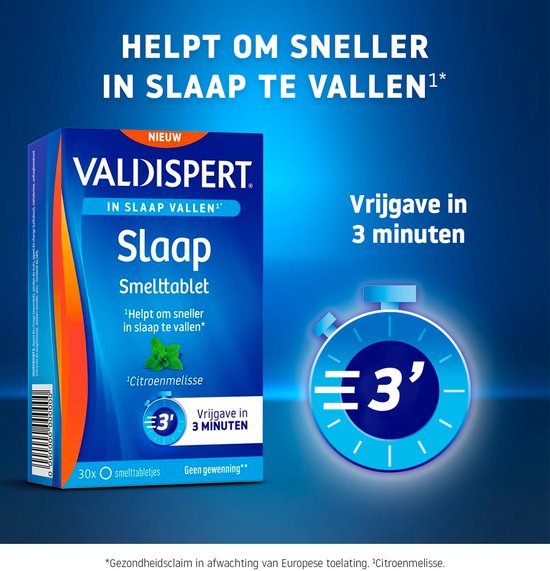 Doosje Valdispert Slaap Smelttablet. Helpt sneller in slaap vallen. Vrijgave in 3 minuten. Tijd met 3 minuten op de wijzerplaat.