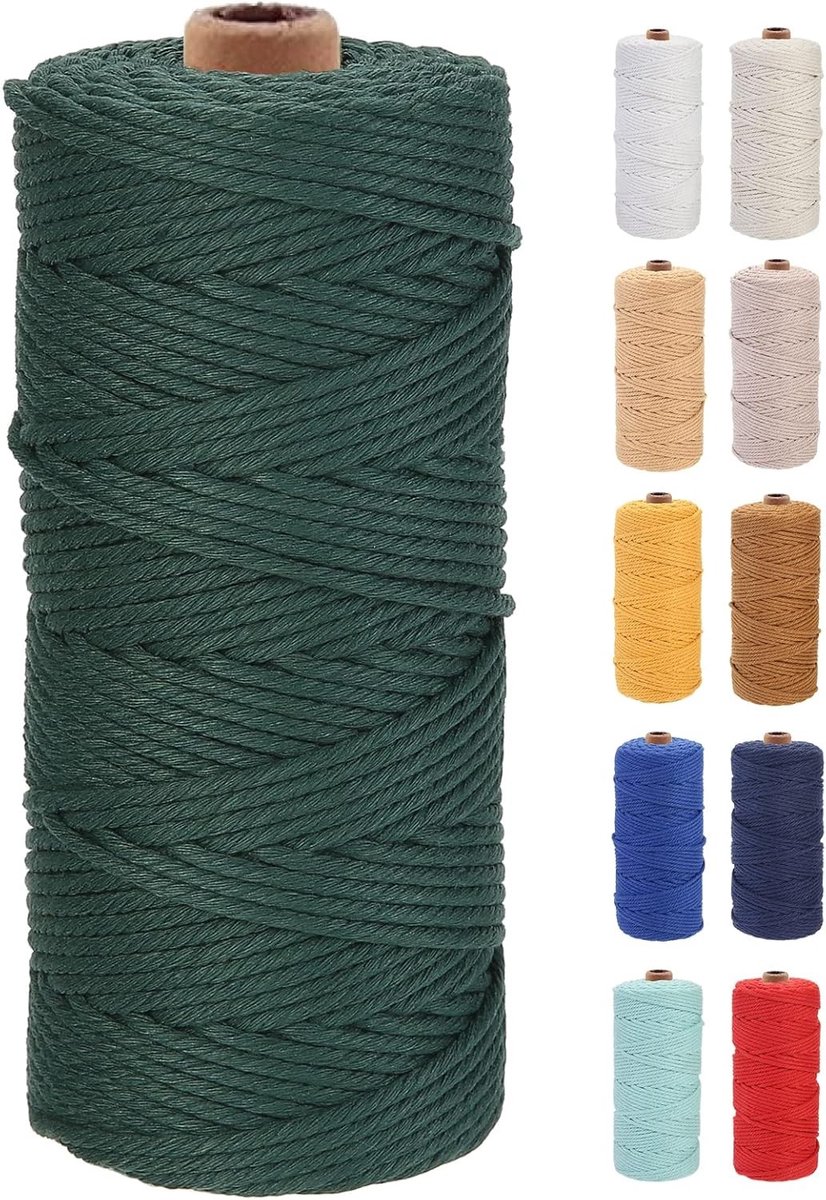 Premium Katoenen Macrame Touw 3mm x 100m, Zacht en Duurzaam, Perfect voor Macrame Projecten en Handgemaakte Creaties, Chemievrij en Milieuvriendelijk (Diepgroen)