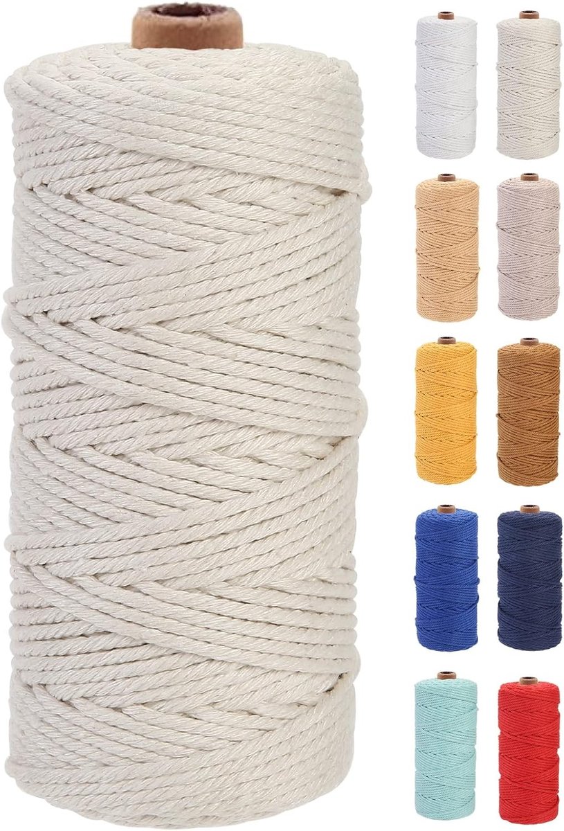 Premium Katoenen Macrame Touw 3mm x 100m, Zacht en Duurzaam, Ideaal voor Macrame Projecten en Knutselen, Chemievrij en Milieuvriendelijk (Beige)
