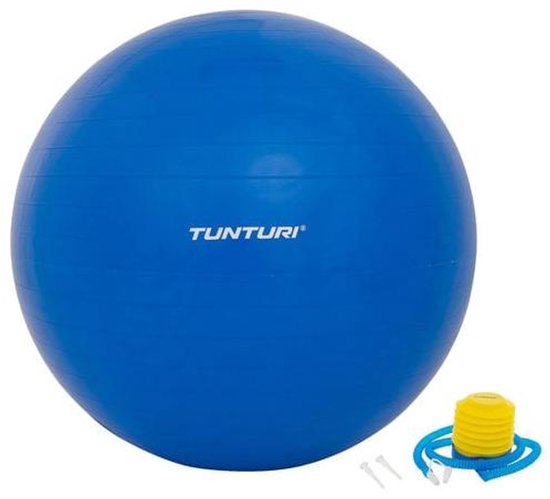 Blauwe Tunturi fitnessbal met een gele pomp en ventielen.