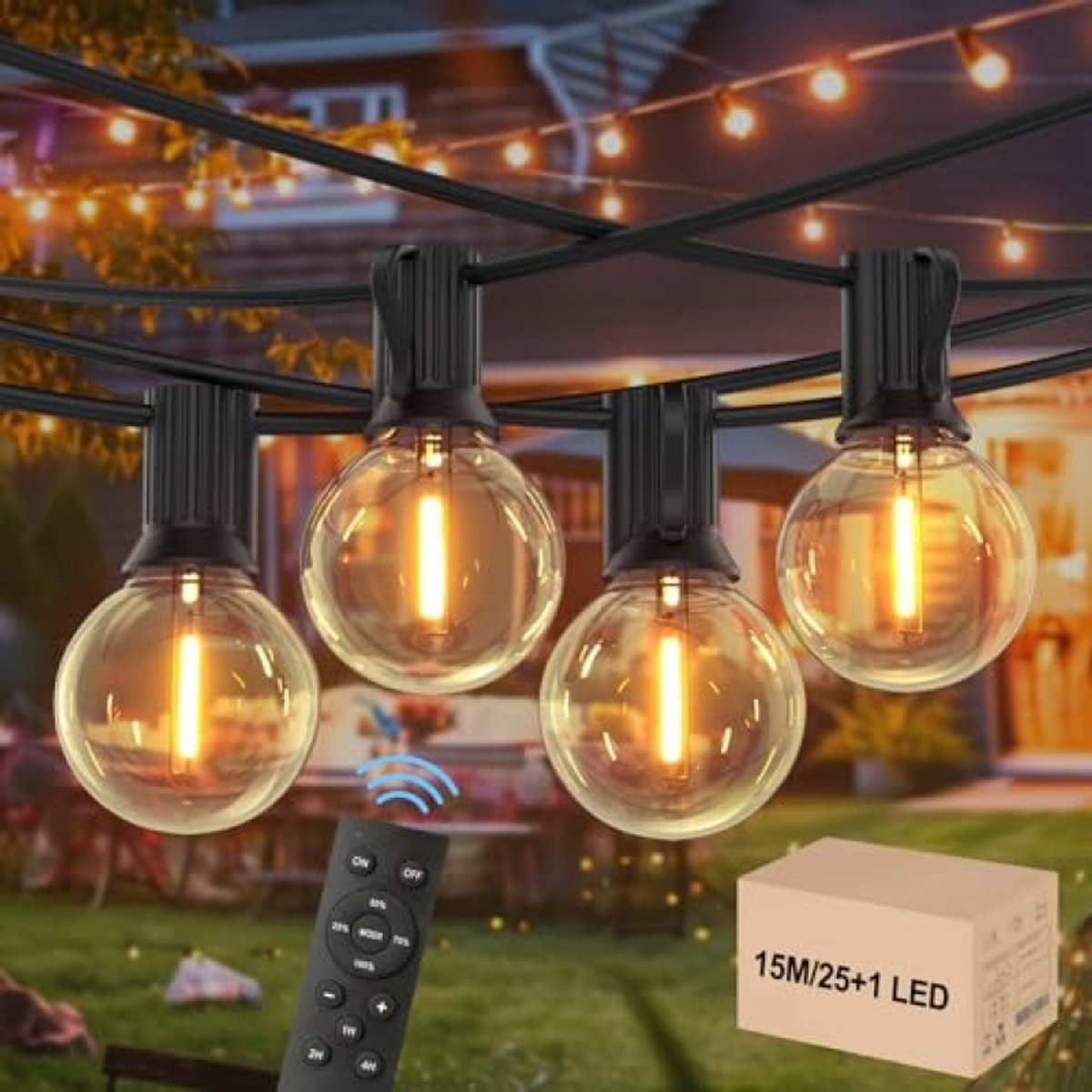 ModernStore Lichtsnoer Voor Buiten - 15M Afstandsbediening Lichtketting G40 25+1 Gloeilamp, IP45 Waterdicht, Verlengbare Ketting tot 120M, Warmwit - Dimbare Verlichting voor Buitenfeesten
