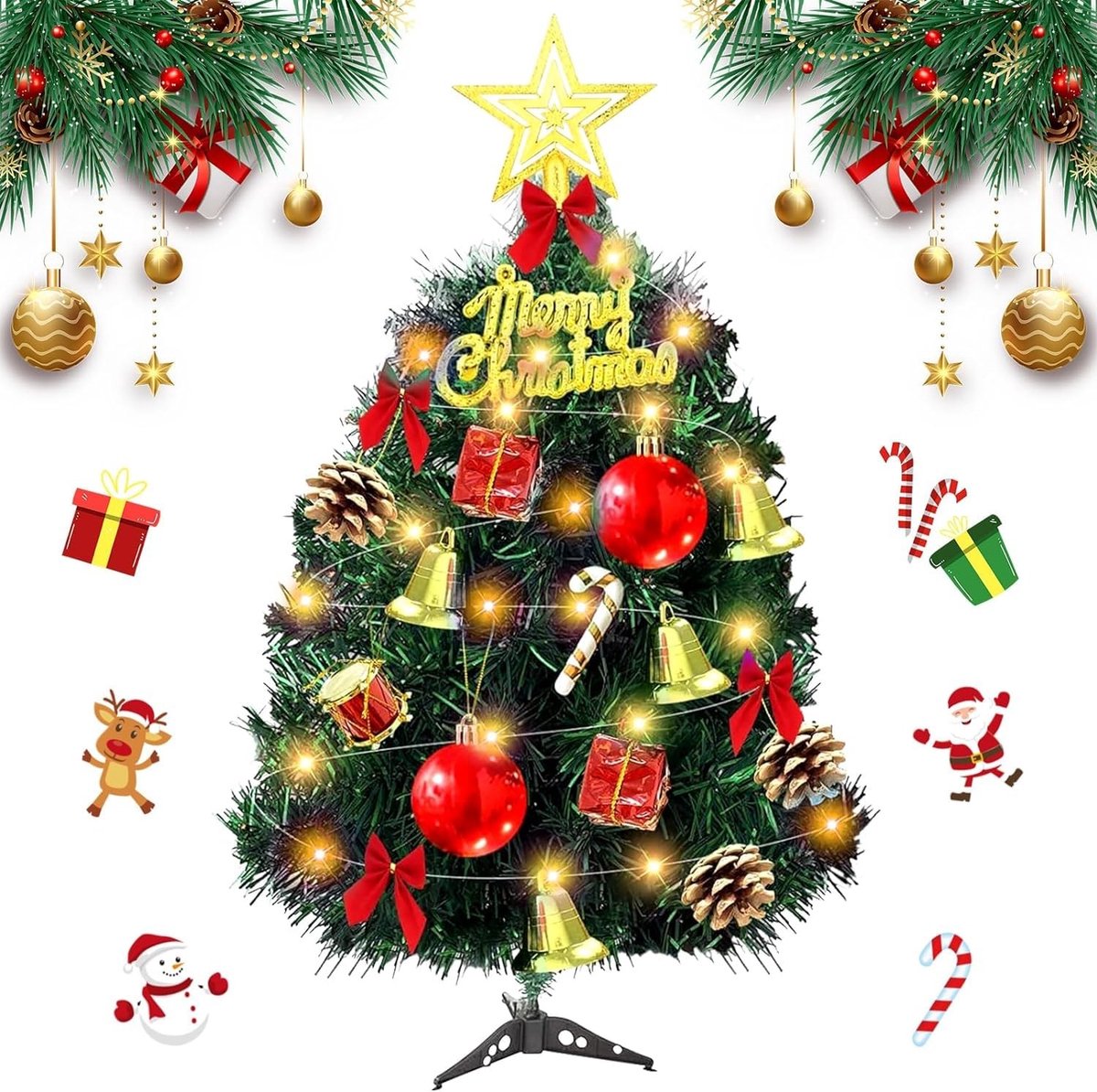 Dailygoods - Mini-Kerstboom 30 cm - Kunstmatige Tafelkkerstboom - Met LED Verlichting - Perfect Voor Kerstmis - Decoratieve Dennenboom - Inclusief Orn...