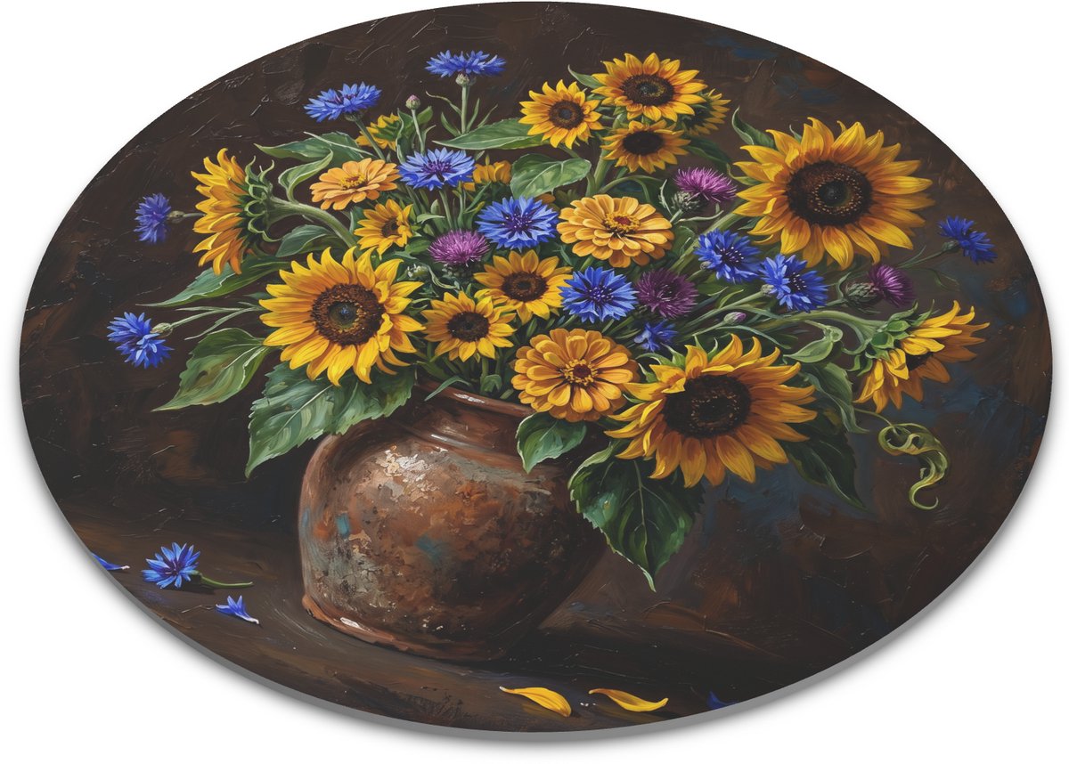 Ronde muismat met artistiek stilleven van zonnebloemen en blauwe korenbloemen in bruine pot - Impressive bloemenboeket - Warme bureauonderlegger - Muismat rond 22 cm