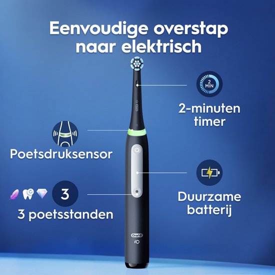 Zwarte Oral-B iO elektrische tandenborstel met poetsdruksensor, 3 poetsstanden, 2-minuten timer en duurzame batterij.
