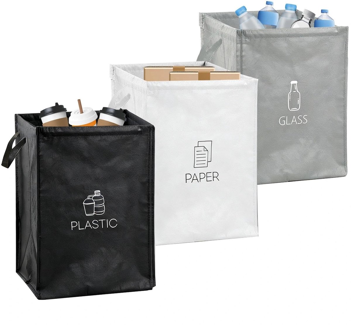 Dailygoods- Afvalscheidingssysteem 3-delig - Recyclingbakken voor kunststof/papier/glas - 36 liter capaciteit - Duurzaam polypropyleen - Handgreep met 20 kg belastbaarheid - Inclusief 12 steunstaven - Recyclingbak