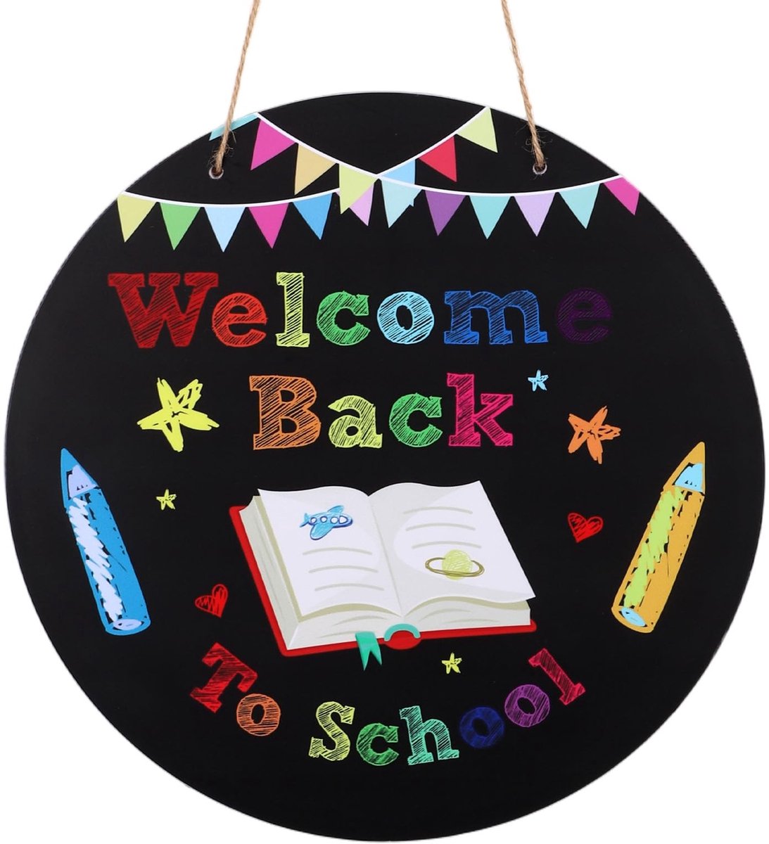 Dailygoods- Deurbord Welkom Terug op School - Rond 30x30x0,5cm - Waterdicht PVC - Henneptouw - Ideale Decoratie voor Klaslokaal - Duidelijk Patroon - Deurbordje