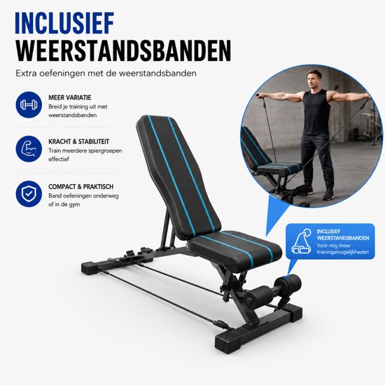 Zwarte verstelbare halterbank met blauwe strepen, inclusief weerstandsbanden en trainende man.