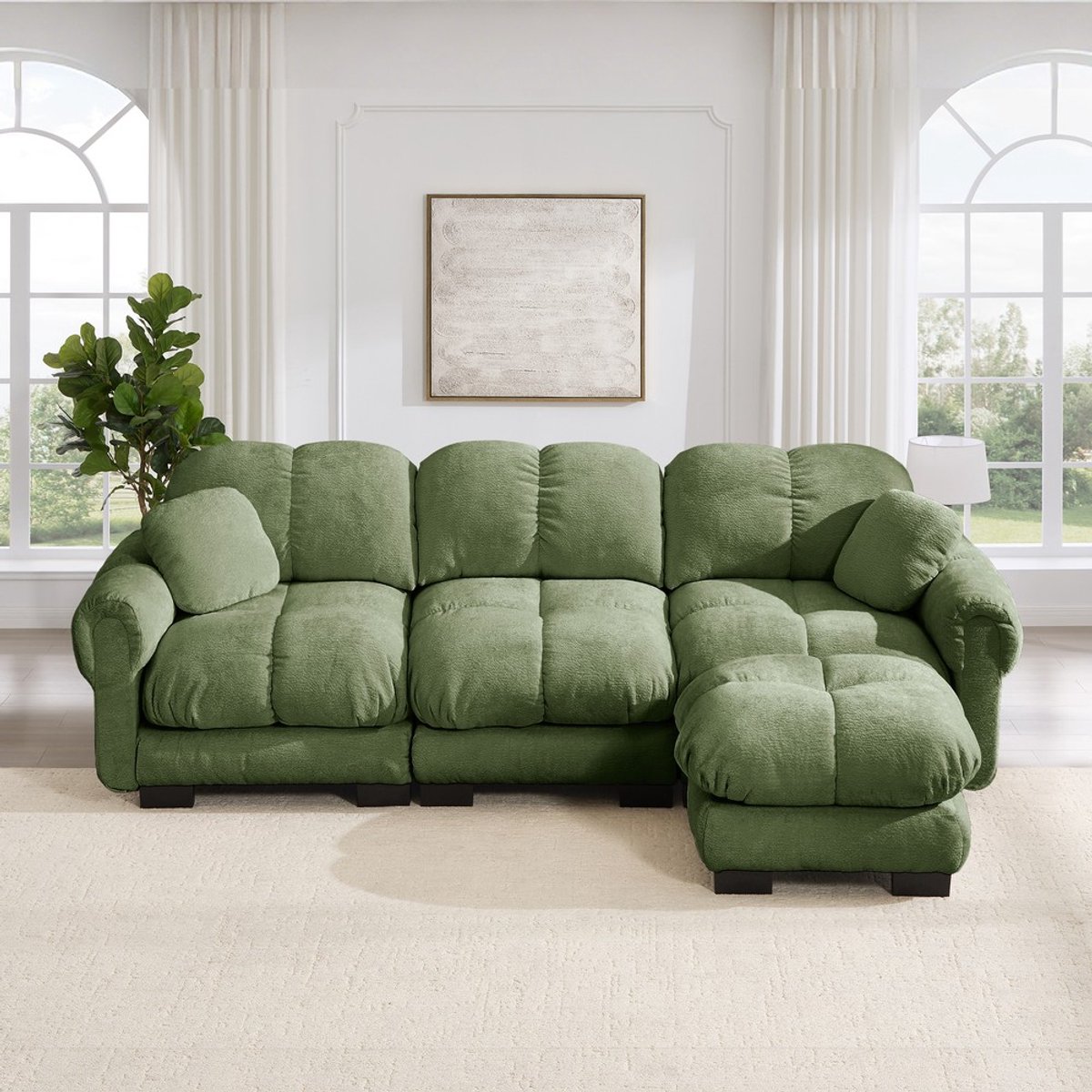 KOMHTOM Bank - L-vormige 3-zits - Groen Chenille met Poef - Kussens voor Woonkamer