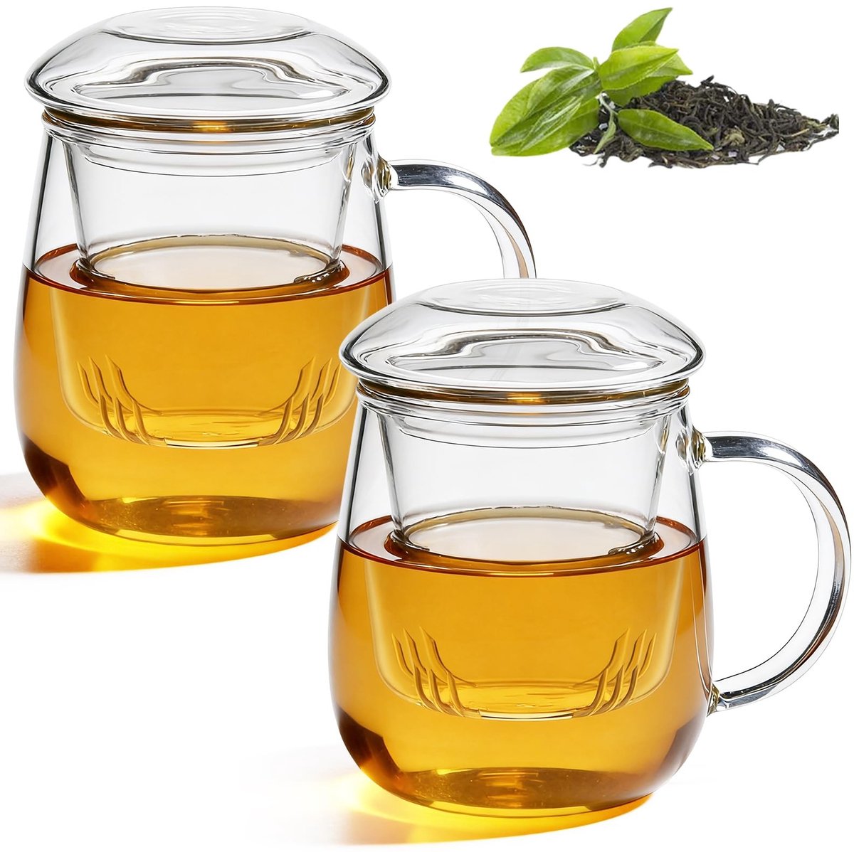 Dailygoods- Theeglas Set van 2 - Dubbelwandig - Hittebestendig Borosilicaatglas - 350 ml - Met Zeef en Deksel - Paddenstoelvorm - Theekopje
