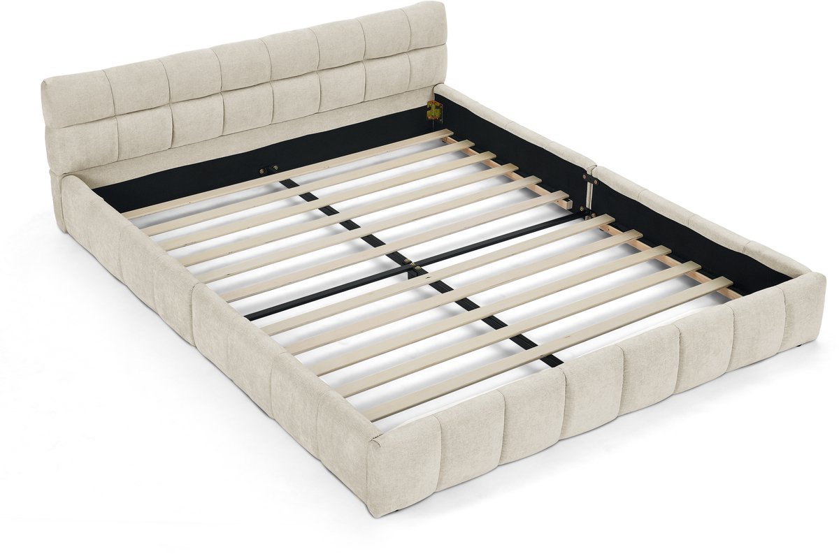 COVREO Tweepersoonsbed met gestikt hoofdbord – 160x200 cm – Bed van chenille en hout – voor slaapkamer en logeerkamer – Beige - zonder matras