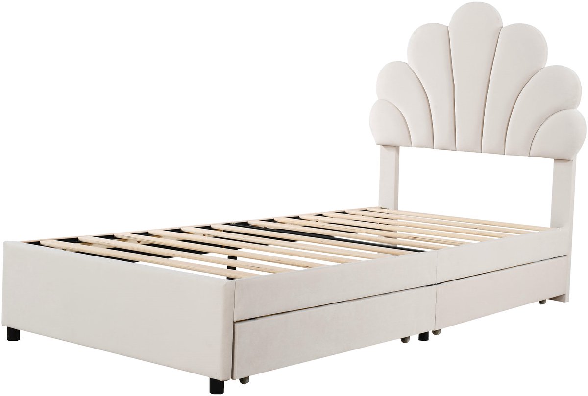 COVREO Bedframe 90x200 cm beige met 2 lades en lattenbodem zonder matras