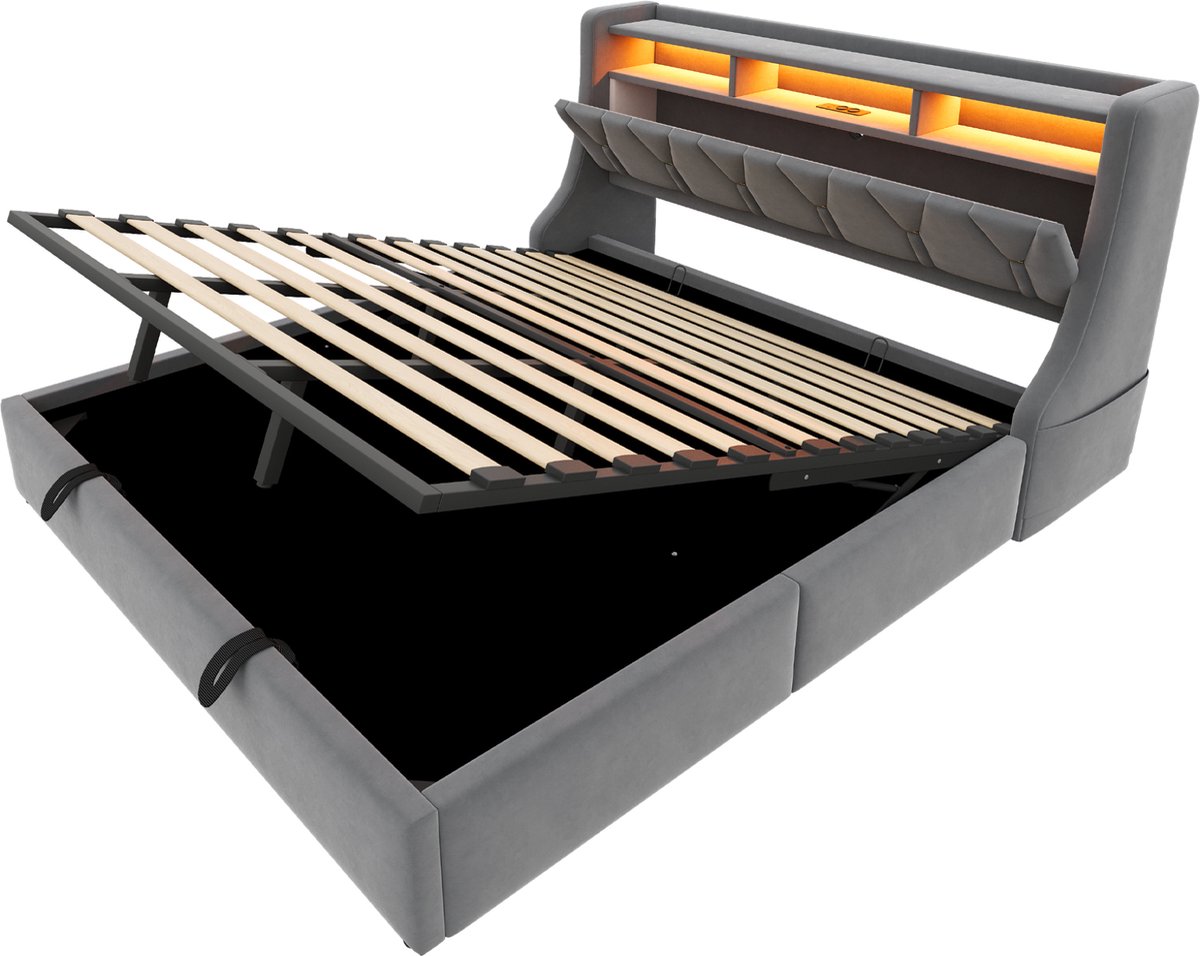 COVREO Bed 180 x 200 cm - grijs stof, opbergruimte, LED, stopcontact, USB en Type-C