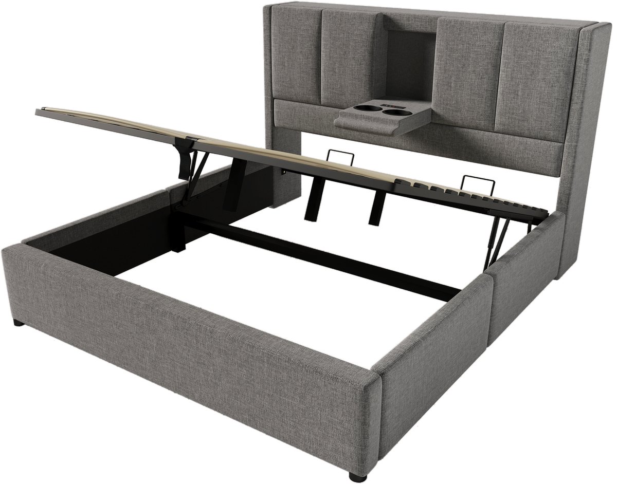 COVREO Bedframe met laadstation – 140x200 cm – Tweepersoonsbed met lattenbodem – Opbergmeubel – Grijs - zonder matras