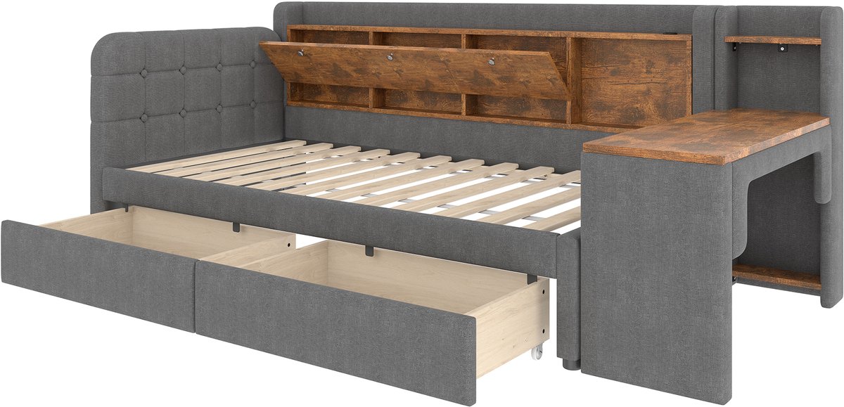 COVREO Daybed met 2 lades en USB-C – 90x200 cm – Bedframe met klapvak en bureau – voor slaapkamer en werken – Grijs - zonder matras Gray