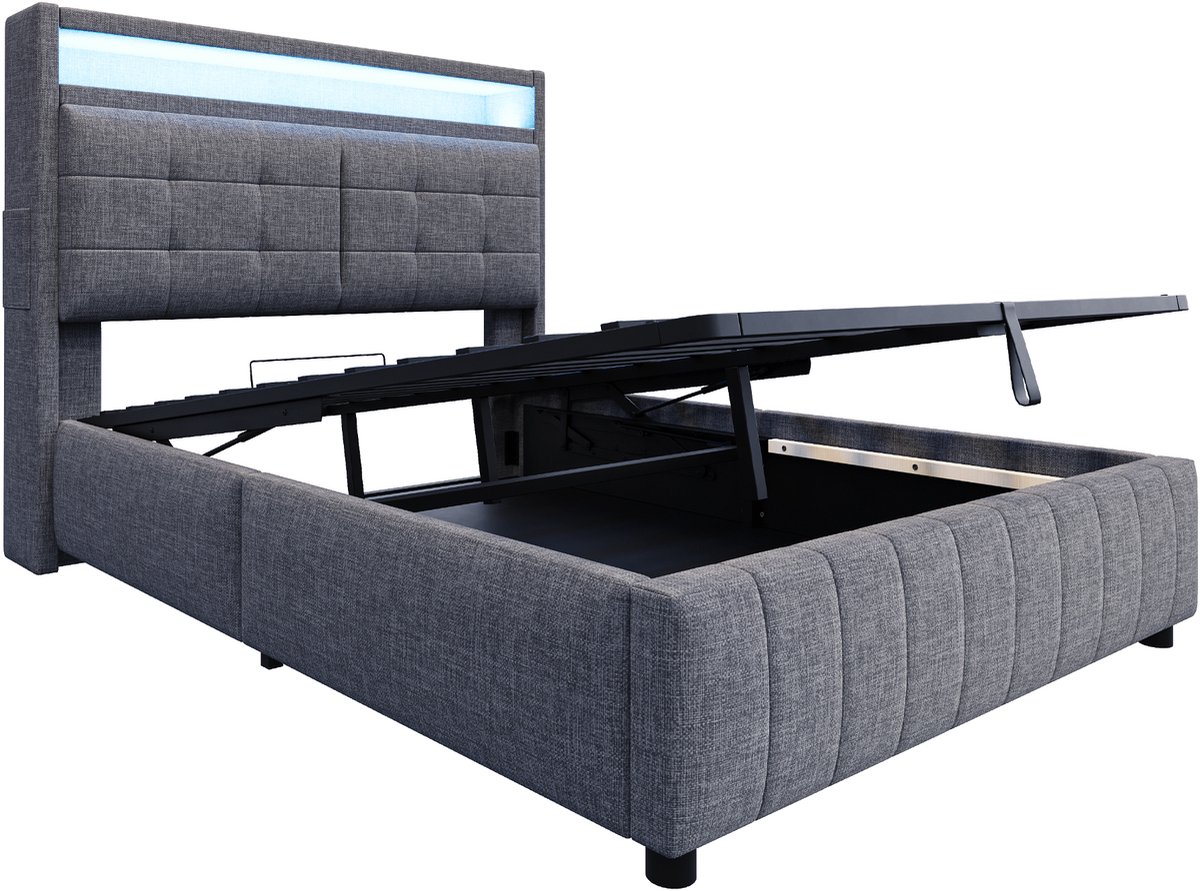 COVREO Bedframe 140x200 cm grijs stof met LED en USB, zonder matras Grey