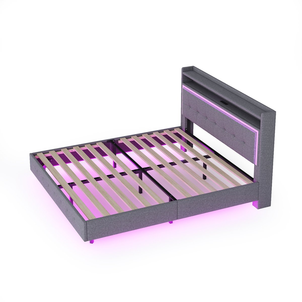 COVREO Bed 140x200 cm grijs stof met USB en LED, zonder matras