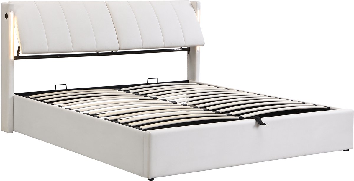 COVREO Bed met LED en USB-aansluiting – 140x200 cm – Opbergframe met verstelbaar hoofdeinde – Tweepersoons slaapplaats – Wit - zonder matras