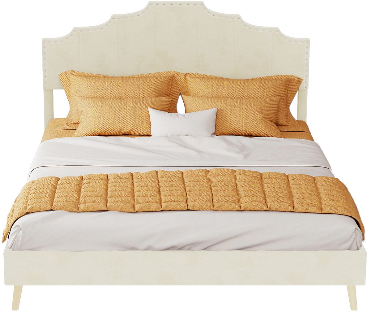COVREO Bedframe met geometrisch hoofdbord – 140x200 cm – Bed van stof en metaal voor slaapkamer – met ribbenbodem – Beige - zonder matras