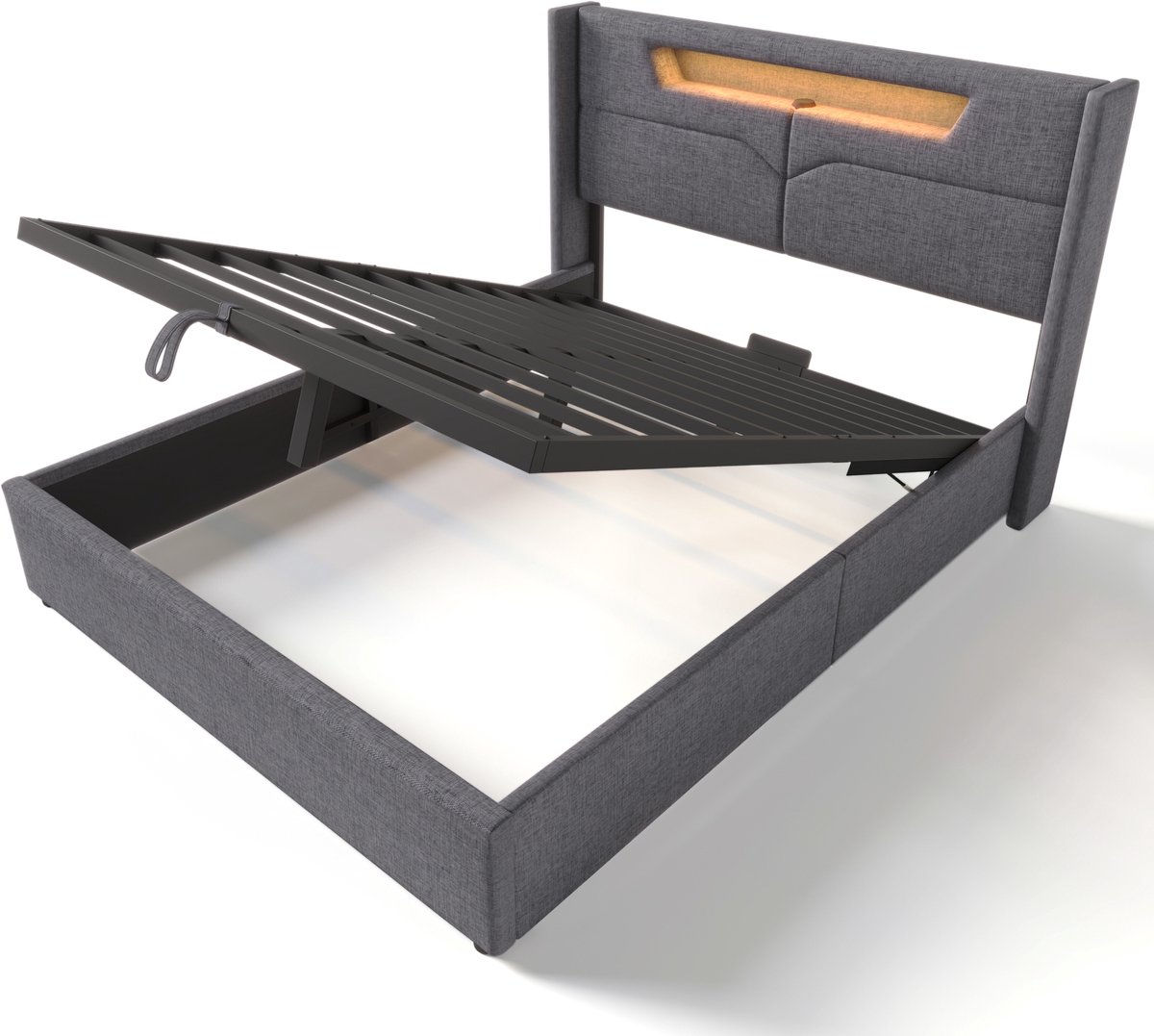 COVREO Tweepersoonsbed met LED en USB-C – 140x200 cm – Bedframe met opbergruimte – voor volwassenen – Grijs - zonder matras