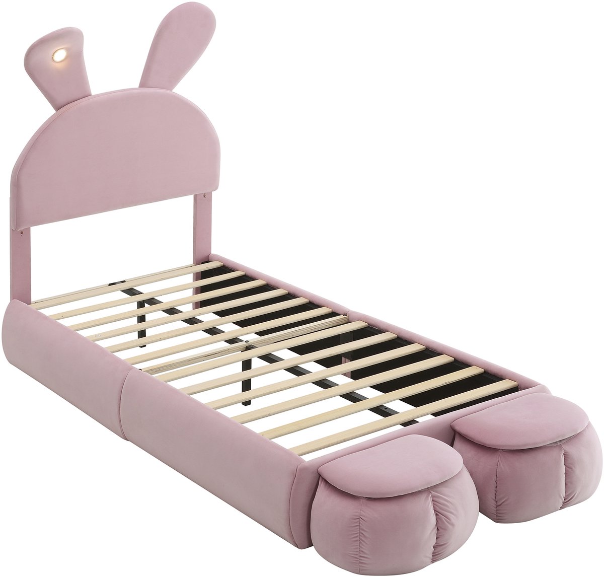 COVREO Eenpersoonsbed 237x104x135 cm – roze stof, LED-konijnenoren, 2 opbergkrukken