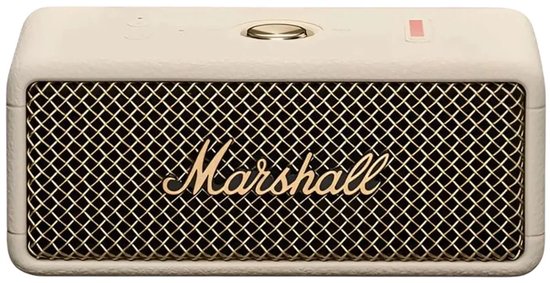 Crème Marshall speaker met gouden raster en logo.
