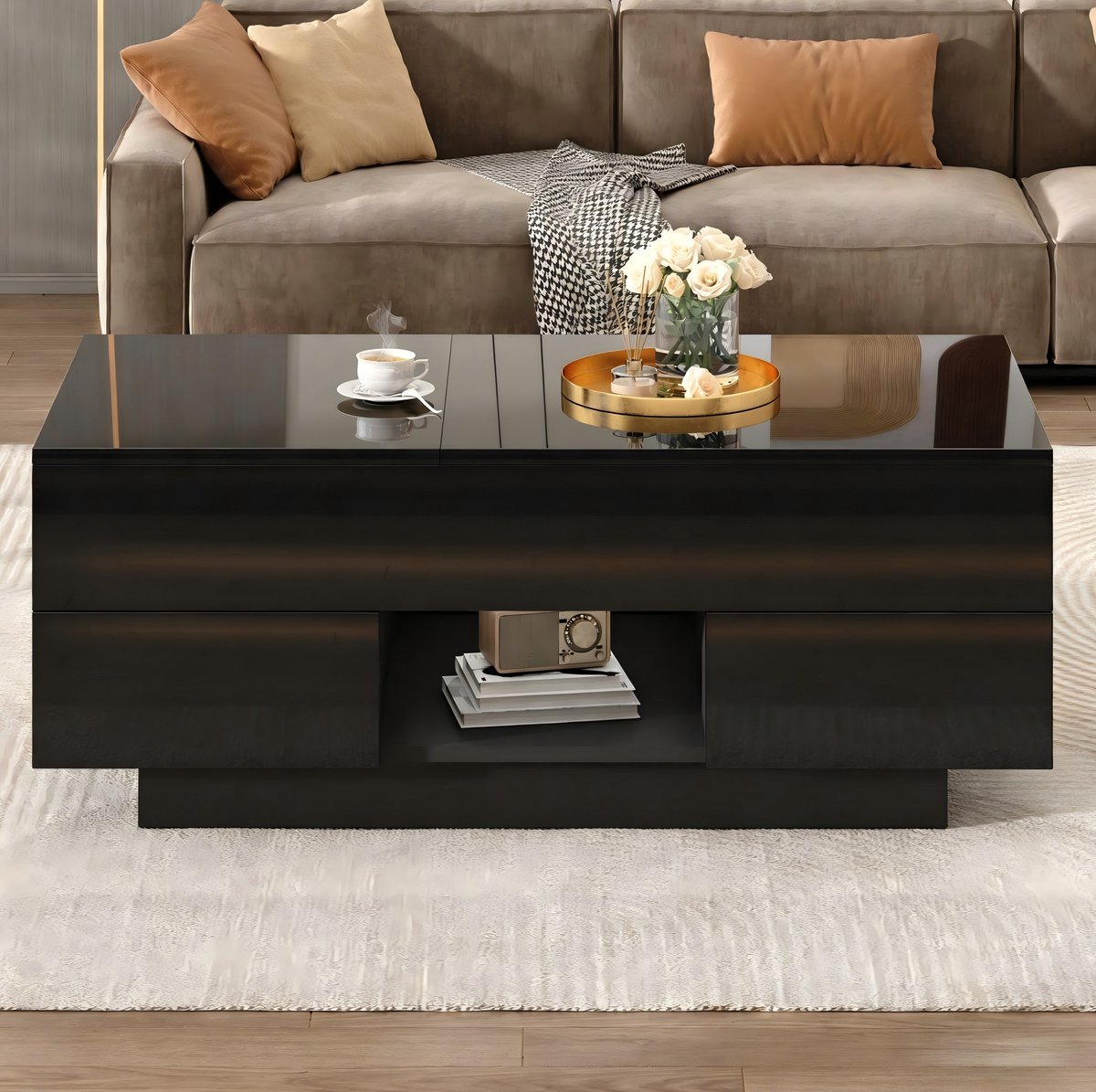 DESMIU Salontafel - Hoogglans Opbergtafel Met Verstelbaar Blad En Led Verlichting - Voor Woonkamer En Kleine Ruimtes - Spaanplaat - Zwart - 100 X 45 X 43 Cm